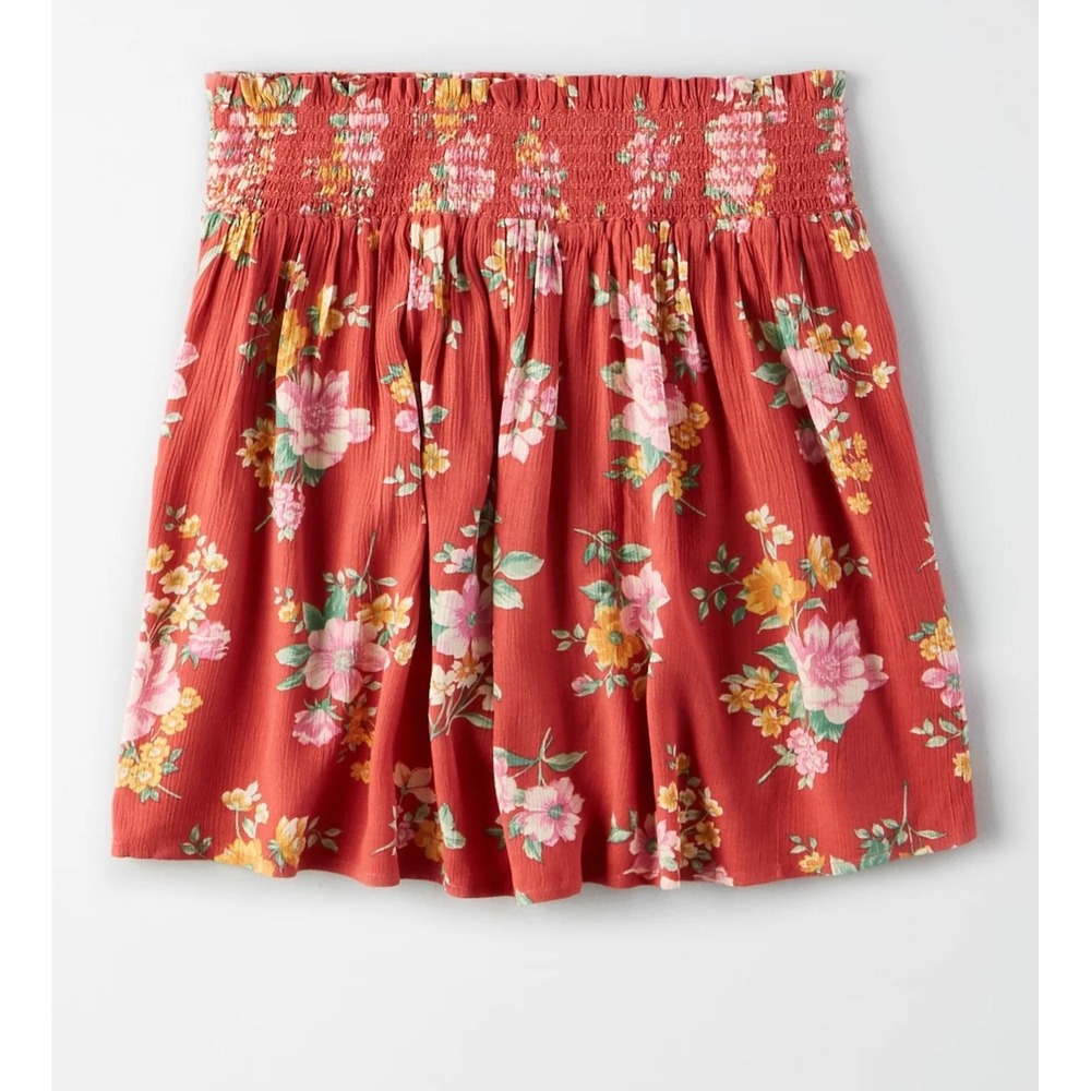 American Eagle Floral Smocked Mini Skirt Red Boho High Waisted Small